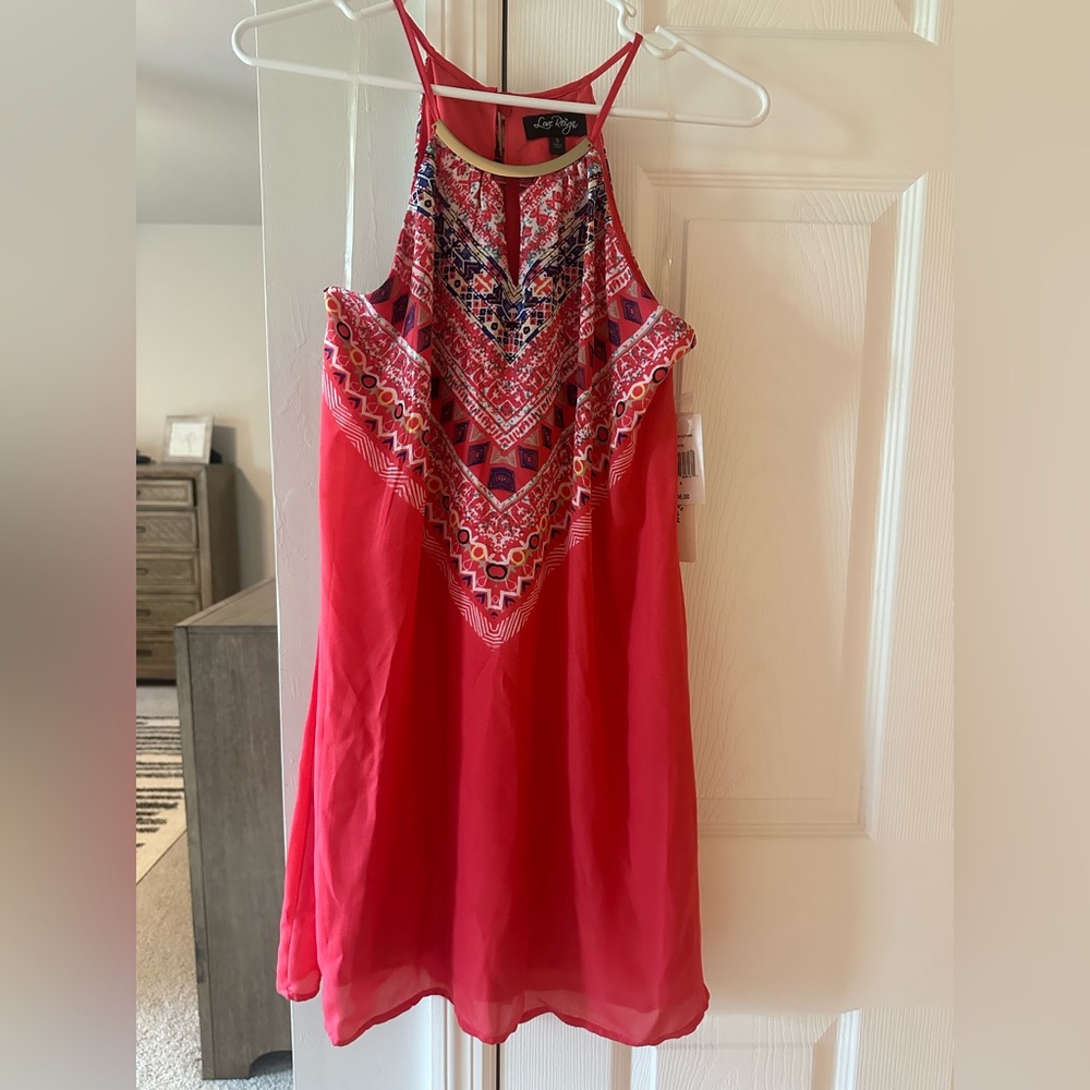 Coral Boho Halter Dress with Gold Detail